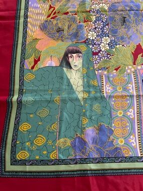 Artistic Floral Silk Scarf in Teal, Purple & Red 34“ x 34“ Italian